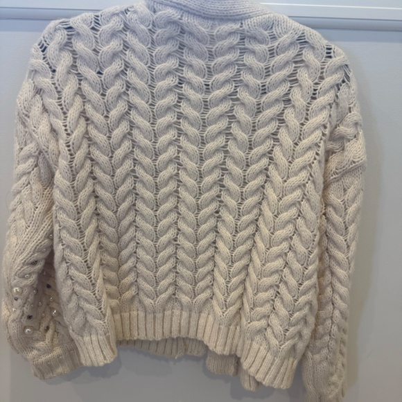 Anthropologie Maeve Cable Knit Cream Beaded Sweater Cardigan - Picture 4 of 6